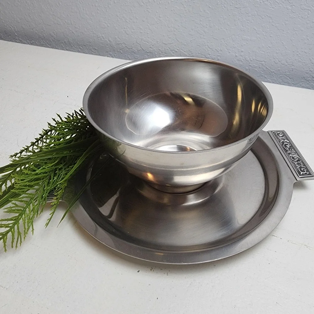 Vintage MCM Silver Bowl with Handles & Tray, Stainless Steel, Neat Black Pattern